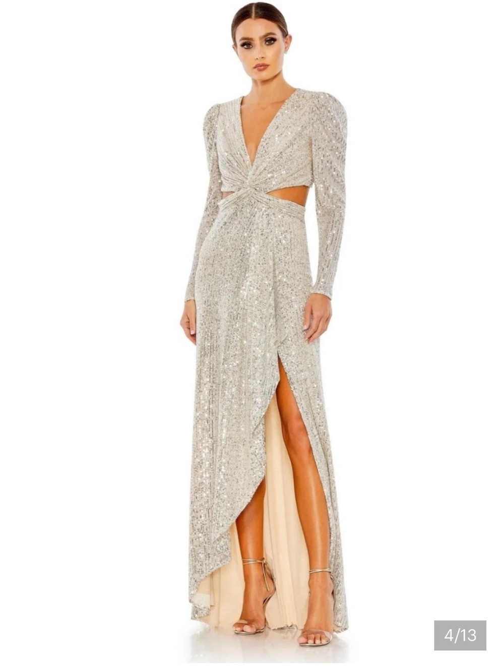 Mac Duggal leena Sequin Cut-Out Gown Silver Nude Long Sleeve Maxi Size 2